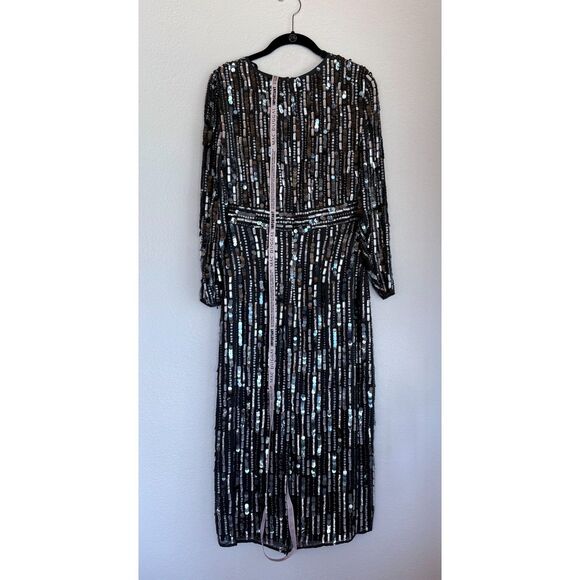 NWT Mac Duggal Embellished High Neck Long Sleeve Fitted Dress in Charcoal Gray 4 - Picture 6 of 16
